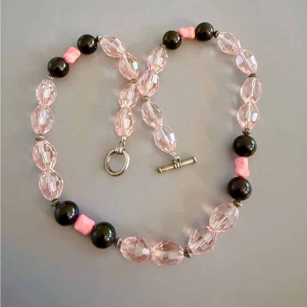 Estate Pink Crystal and Black Obsidian Toggle Necklace STUNNING